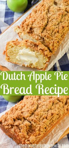 two slices of apple pie bread on top of a checkered table cloth with apples in the background