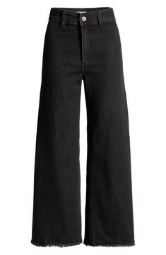 Dial in a retro vibe in these wide-legged pants cut to a cute, cropped length with a frayed hem for a dash of DIY charm. 28" inseam; 22" leg opening; 12" front rise; 15" back rise (size 29) Zip fly with button closure 67% cotton, 29% polyester, 3% viscose, 1% elastane Machine wash, tumble dry Imported Black Wide Leg Cropped Jeans For Work, Black Cropped Cotton Jeans, Black Wide Leg Flare Jeans With Frayed Hem, Wide Leg Pants With Frayed Hem For Work, Cropped Wide Leg Cotton Pants With Frayed Hem, Cropped Cotton Wide Leg Pants For Fall, Cropped Wide Leg Cotton Pants For Fall, Black Wide Leg Cropped Cotton Jeans, Black Wide-leg Cropped Cotton Jeans