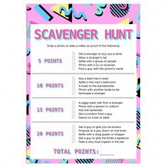 a scavenger hunt is shown in pink, blue and black with the words scavenger hunt on it