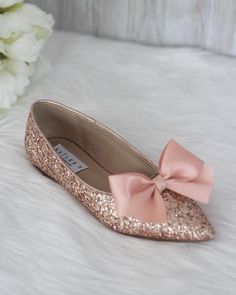 Women Pointy Toe Rock Glitter Flats with Satin Bow – Kailee P. Inc. Round Toe Ballet Flats With Bow For Party, Party Bow Round Toe Ballet Flats, Party Ballet Flats With Bow And Round Toe, Glitter Flats With Round Toe For Party, Glitter Party Flats With Round Toe, Glitter Round Toe Flats For Party, Low Heel Wedding Shoes With Bow For Party, Low Heel Wedding Shoes With Bow, Pink Ballet Flats With Bow For Party