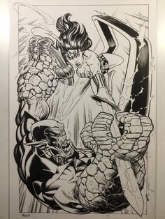 a drawing of the thing - man being attacked by an evil looking woman in black and white