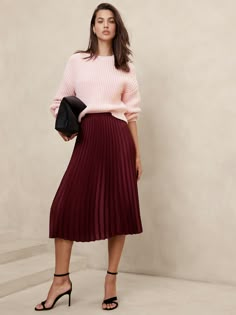 Silky Pleated Midi Skirt | Banana Republic Factory Pleat Midi Skirt Outfit, Feminine Outfits Over 40, Midi Skirt Pleated, Vintage Modern Style Fashion, Berlin Fashion Women, Dramatic Ingenue Style, Pleated Waist Skirt For Fall, Fall Pleated Waist Skirted Bottoms, Pleated Skirted Bottoms For Fall