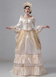 Champagne Victorian Bustle Reenactment Costumes Carnival Masquerade Party Dresses     Condition: Brand New   Color:Champagne   Material: This dress made of High Quality Satins,Lace, soft,smooth and comfortable to wear   Sleeve Length:Long Sleeve   Dresses Length:Floor-Length   Neckline:Square Collar   Decoration: Ruffles + Lace   Applicable People:Adult   Package Includes: Dress    amp;nbsp;     The length of skirt about 45 inches (114 cm) long from waist to hem regardless of size. This dress is Medieval Ruffle Dresses For Costume Party, Medieval Ruffled Dresses For Costume Party, White Victorian Dress With Historical Design For Costume, Vintage Dresses For Medieval Festivals, Historical Costume Dress In White, Historical Costume White Dress, Elegant Medieval Festival Costume Party Dresses, White Historical Costume Dress, Vintage Medieval Dress For Halloween