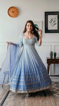 Anarkali Lakhnavi Suits, Lucknowi Anarkali Dress, Engagement Outfit Inspo Indian, Anarkali Dress For Sangeet, Anarkali Dress For Engagement, Sequence Anarkali Dress, Lucknowi Anarkali Suits, Light Blue Anarkali Dress