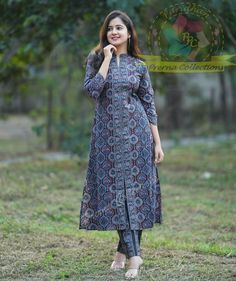 Pure Silk Suit Designs Indian Latest, Suit With Collar Neck, Cotton Kurti Pant Set Designs, Kurti Set Designs Latest Cotton, Pure Silk Dress Design, Per Kurti Design, Cotton Ajrakh Kurti, Neck Design For Kurta For Women, Ajrakh Kurta Designs Latest