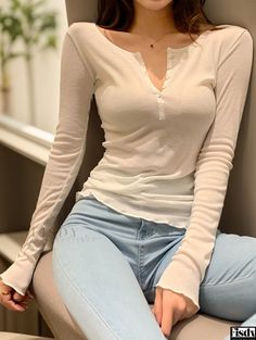 Fisdy - Contoured Neckline, Sheer Sensuality: Long Sleeve Base Layer Shirt for a Sleek Look White Long Sleeve Shirt Outfit, Slim Aesthetic, Korean Fashion Autumn, Backless Long Sleeve Top, Long Sleeve Top Outfit, Autumn Tops, Korean Fashion Fall, V Neck Shirts, Women Tees