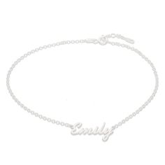 This anklet set in sterling silver can be personalized with a single line of text, from 2 to 8 characters in length. The design is centered along a 10.0-inch rolo chain,with additional closure rings at 9.0 and 9.5 inches, that secures with a spring-ring clasp. Personalized Name Bracelet For Everyday Use, Personalized Name Bracelet For Everyday, Customizable Name Bracelet For Everyday Wear, Customizable Everyday Name Bracelet, Silver Elegant Anklets For Everyday Wear, Elegant Silver Anklets For Everyday, Classic Customizable Name Bracelet, Nickel Free Silver Name Bracelet, Nickel-free Silver Name Bracelet