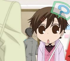 an anime character with a question sign on his head in front of him and another person behind him