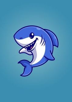 a blue and white cartoon shark with its mouth open on a light blue background, it looks like he is smiling