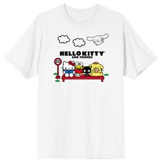 Complete your everyday look with this Hello Kitty T-shirt by BIOWORLD. A relaxed crew neck design and soft fabric offer comfort with each wear. Friendly Hello Kitty graphics are the perfect finish. Hello Kitty Graphic Tee, Pom Purin, Hello Kitty T Shirt, Hello Kitty Friends, Friends Tee, Hello Kitty And Friends, Friends Tshirt, Hoodie Material, Bus Stop