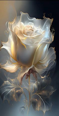 a painting of a white rose on a dark background with light coming through the petals