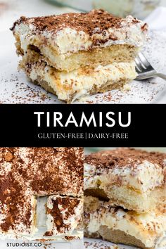 three different desserts with the words tiramu written on top and below them