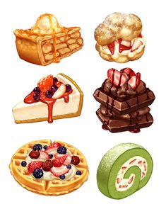 four different types of desserts are depicted in this illustration, including pies and waffles