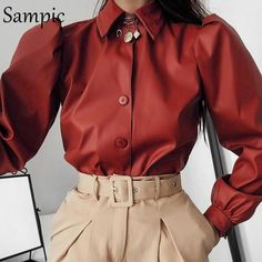 Sampic Turn-Down Collar Casual Streetwear Woman Fashion Button Brown L – Amozae Fall Puff Sleeve Tops With Buttons, Fall Lantern Sleeve Blouse With Button Closure, Trendy Blouse With Button Closure For Fall, Padded Button-up Blouse For Fall, Fall Padded Button-up Blouse, Fall Solid Color Button-up Blouse, Chic Blouse With Buttons For Winter, Chic Winter Blouse With Buttons, Chic Buttoned Blouse For Winter