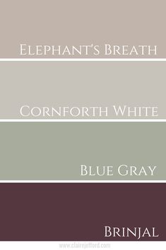 four shades of gray and white with the words elephant's breath, cornforthh white