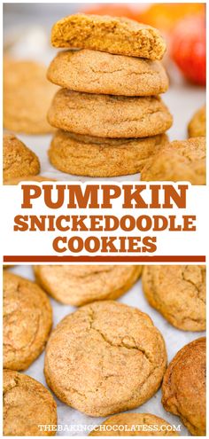 pumpkin spiceddoodle cookies stacked on top of each other with text overlay