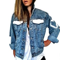 'I LOVE YOU' DENIM JACKET - Wren + Glory Trendy Relaxed Fit Faded Denim Jacket, White Denim Jacket With Frayed Hem, White Distressed Denim Jacket, Trendy White Denim Jacket With Frayed Hem, White Washed Cotton Denim Jacket, Trendy Bleached Denim Jacket For Fall, Trendy Distressed Cotton Denim Jacket, Bleached Denim Jacket For Spring, Casual Bleached Denim Jacket For Spring