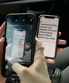 two people are holding their cell phones in the car, one is showing an email message