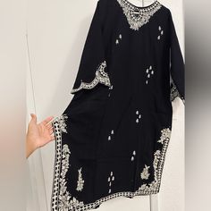 Brand Dhanak Dress Chest Size 44 Brand New Just Launched Comes With Pant Long Black Dabka Kurta, Black Maxi Dress With Dabka Work, Black Dress With Dabka Work For Eid, Traditional Black Summer Tunic, Traditional Black Straight Kurta Dress, Traditional Black Tunic Dress, Black Formal Dress With Dabka Work, Elegant Long Black Kurta, Elegant Unstitched Black Kurta