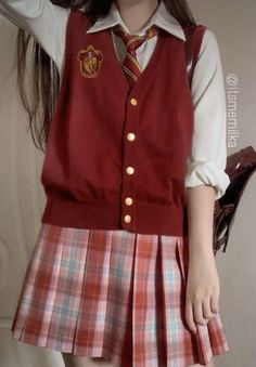 Red Vest Outfit, Harry Potter Uniform, Gryffindor Uniform, Gryffindor Outfit, Hogwarts Uniform, Coquette Vibes, Hogwarts Outfits, School Uniform Outfits, School Uniform Fashion