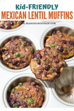 mini mexican lentil muffins in white cups with text overlay