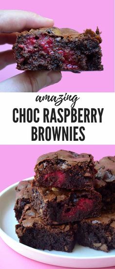 chocolate raspberry brownies stacked on top of each other with the words amazing choc raspberry brownies