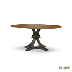 an oval wooden table with metal legs and a round top, on a white background