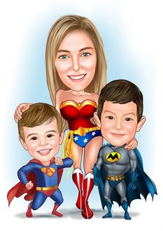 a cartoon caricature of a woman and two children dressed up as superheros