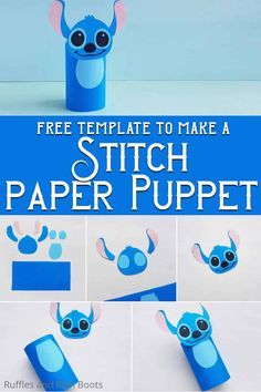 the instructions for how to make a stitch paper puppet that looks like an animal with big eyes