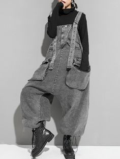 Loose Sleeveless Pockets Split-Joint Jean Pants Bottoms Overalls BLACK-One_size Overalls Outfit Winter, Black Overalls Outfit, Oversized Overalls, Baggy Overalls, Loose Overalls, Overalls Outfit, Black Overalls, Suspender Pants, Pants Women Fashion