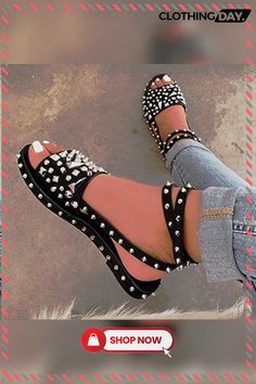 Open Toe Buckle Casual Rivet Sandals Black Summer Sandals, Western Casual, Basic Heels, Latest Shoe Trends, Cute Sandals, Open Toe Sandals, Lululemon Leggings, Lace Up Heels, Casual Sandals