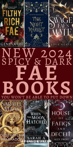 the new year's eve and dark book covers are shown in red, black, and white