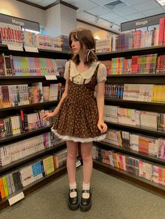 brown haired girl in bookstore looking at manga wearing liz lisa dress with petticoat, white frill socks, and mary janes Bookstore Outfit, Bookstore Aesthetic, Lisa Aesthetic, Nerd Outfits