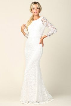 Look your best on your special day with this beautiful white long sleeve lace floor length wedding gown. Its exquisite long lace sleeves add an elegant touch for a classic look. With its high quality material, it will keep you comfortable throughout your wedding day. Lace Imported Zipper closure Dry Cleaning XS 0-2 31-32.5'' 23-24'' 31-34" S 4--6 33-35'' 25-26'' 35-37" M 8--10 35-36'' 27-28'' 38-39" L 12--14 38-40'' 29-31'' 40-42" XL 14-16 40-42'' 33.5-36'' 44-46" 2XL 18-20 42-44'' 37-40'' 47-50