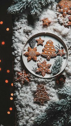 some cookies are on a plate in the snow