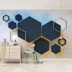 a room with blue hexagonal shapes on the wall