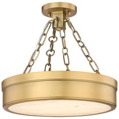 a light fixture with chain links hanging from it's center and two lights on each side