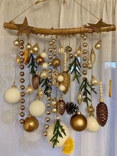 a bunch of ornaments hanging from a wooden branch with pine cones and orange slices on it