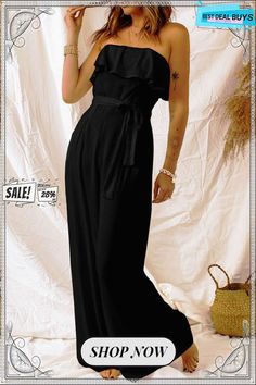 Tie-waist Ruffled Strapless Wide Leg Jumpsuit Black Strapless Jumpsuit, Bandeau Jumpsuit, Lisa Fischer, Formal Cocktail Dress, Strapless Bandeau, Strapless Jumpsuit, White Jumpsuit, Spring Outfits Women, Active Wear Leggings