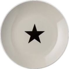 a white plate with a black star on the front and bottom, it is empty