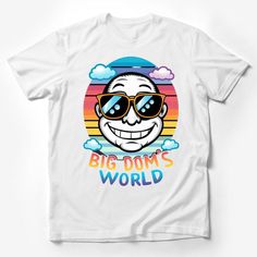 Step out in style with this vibrant and funky smile face t-shirt. Perfect for those who love to add a splash of color to their wardrobe, this retro-style top features the cheerful 'Big Dom's World' design. Made for comfort and fashion, our unisex tee is the perfect addition to your summer collection. It's more than just a t-shirt; it's a statement piece that radiates positivity and fun. Whether you're heading to a festival or just hanging out with friends, this shirt will surely turn heads and s Rainbow Backdrop, Smiley Face Shirt, Sunglasses Design, Fashion Typography, Men's Vintage Style, Summer Festivals, Cartoon Shirts, Cat Graphic Tee, Smiling Face