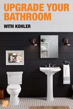 the bathroom is decorated in black and white with an orange text overlay that reads upgrade your bathroom with kohler