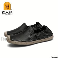 Russoo - LAORENTOU Mens Premium Leather Loafers: Lightweight, Non-Slip Casual Shoes for Spring and Summer Casual Black Slip-ons With Leather Sole, Casual Slip-on Leather Shoes With Stitched Sole, Casual Summer Boat Shoes With Leather Sole, Casual Slip-on Moccasins With Rubber Sole, Black Casual Flat Bottom Loafers, Casual Slip-on Summer Boat Shoes, Casual Black Flat Bottom Loafers, Casual Black Flat Loafers, Spring Slip-on Boat Shoes With Rubber Sole