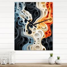 an abstract painting on a wall with a clock