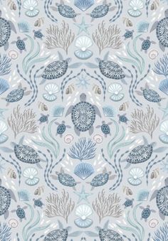 an ocean themed wallpaper with shells and seaweed