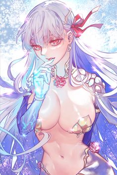 an anime character with very large breast and blue hair, holding a glass in her hand