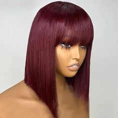 Dark 99 Straight Bob Human Hair Wigs With Bangs Full Machine - Temu Bob Human Hair Wigs, Human Hair Wigs With Bangs, Short Bob Wigs, Hair Lace, Short Bob Hairstyles, Wigs With Bangs, Short Bob