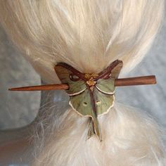 Leather Brooch, Luna Moth, Hair Slide, Arte Inspo, Stained Wood, Hair Stick, Leather Projects, Hair Sticks, Hair Ornaments