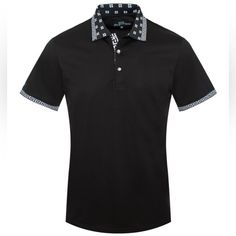 New 97% Cotton 3% Spandex Greek Key Design Black Stretch Collared Top, Elegant Black Polo Shirt For Work, Elegant Black Polo Collar Top, Elegant Fitted Black Polo Shirt, Black Cotton Polo Shirt For Business Casual, Black Fitted Polo Shirt For Summer, Fitted Black Cotton Polo Shirt, Black Fitted Cotton Polo Shirt, Fitted Black Summer Polo Shirt