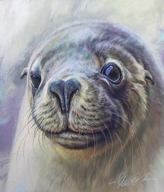 an oil painting of a sea lion's face with blue eyes and brown fur